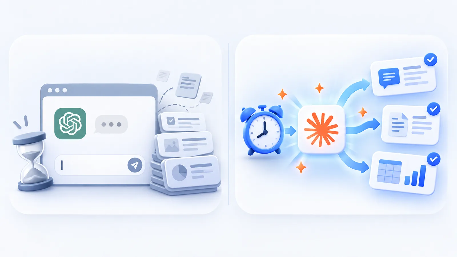 챗봇 vs AI 직원 — 입력을 기다리는 챗봇 창과 일이 쌓인 모습 / 알람에서 출발해 메시지·문서·시트를 먼저 끝내는 AI 직원
